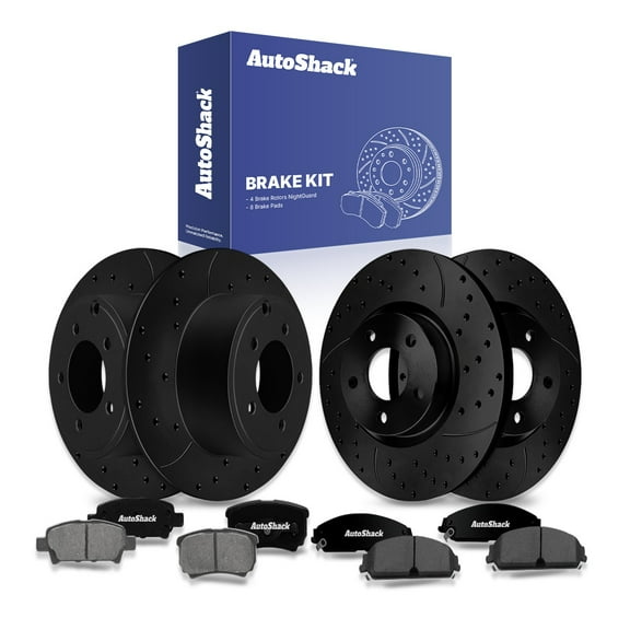 AutoShack Front Vented & Rear Solid Drilled & Slotted E-Coated Brake Rotors Black Finish   Ceramic Pads 12-PC Brake Kit Replacement for 2013-2014 Chrysler 200 2013-2014 Dodge Avenger NightGuard