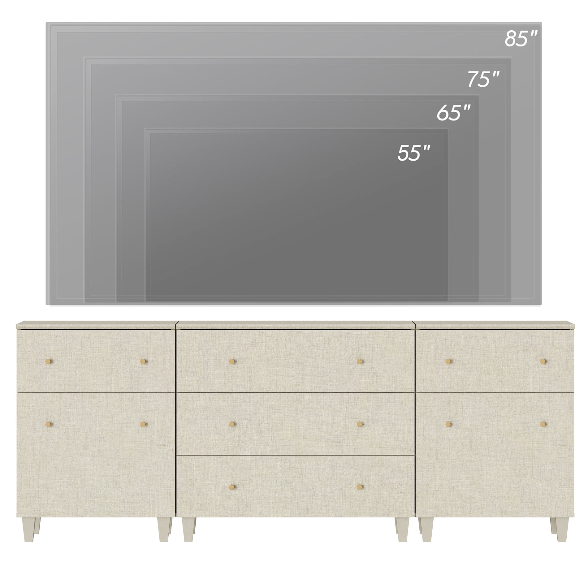 WAMPAT Wide TV Stand for 85+ Inches TVs, 3-in-1 Modern Wooden Media Console with 5 Spacious Drawers and 2 Storage Cabinets for Living Room, Beige