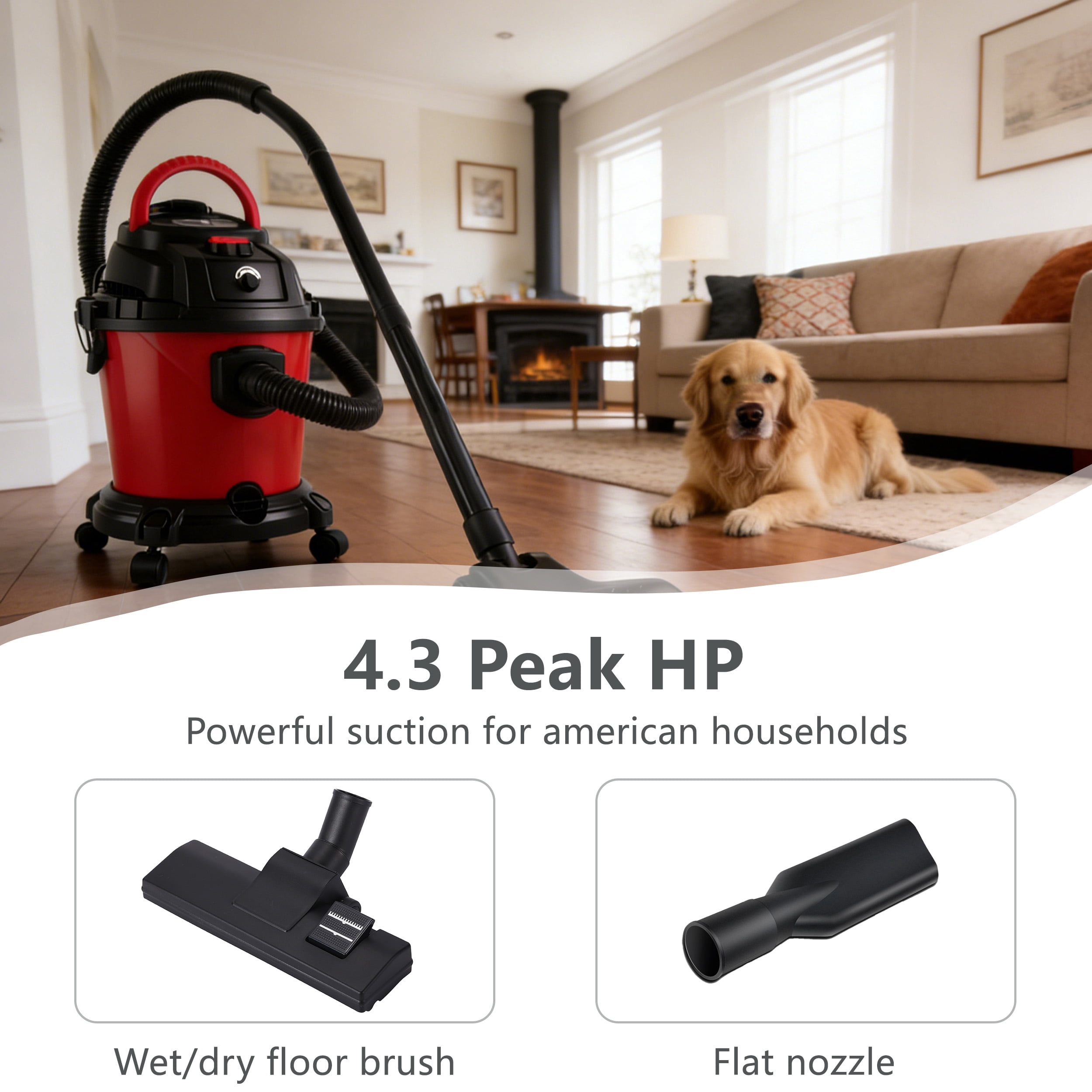 5 Gallon Wet Dry Vac, 4.3 Peak HP 3 in 1 Shop Vacuum with Blower & Variable Speed, for Car Floor Upholstery Gap Cleaning – Red