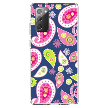 DistinctInk Clear Shockproof Hybrid Case for Samsung Galaxy Note 20 (6.7 Screen) - TPU Bumper Acrylic Back Tempered Glass Screen Protector - Pink Green Navy Paisley