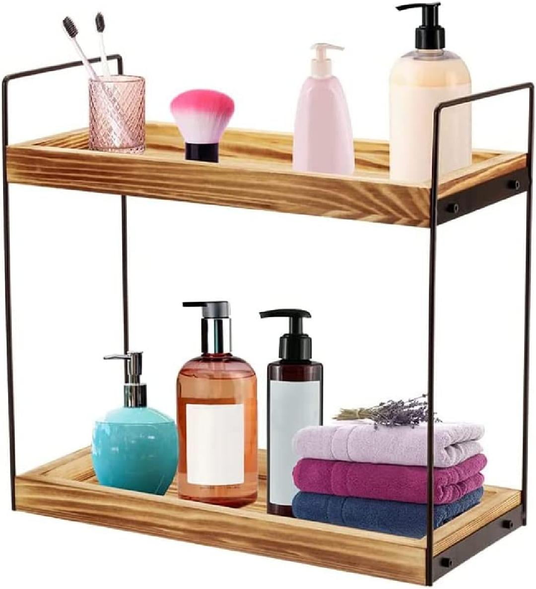 2 Tier Bathroom Counter Organizer, Solid Wood Bathroom Storage Tray for ...