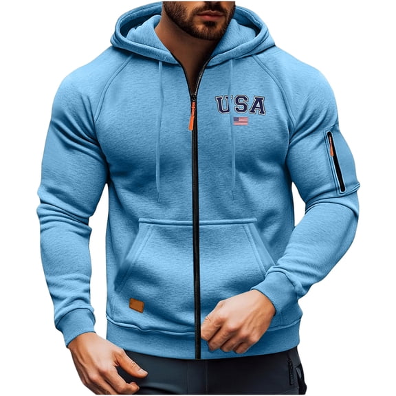 Havenx Zipper Hoodies for Men Military Graphic American Flag Sweatshirt Hooded Long Sleeve Jackets with Pockets Fleece Workout Casual Fall Winter 2025 Big and Tall Outfits,Sky Blue 2XL