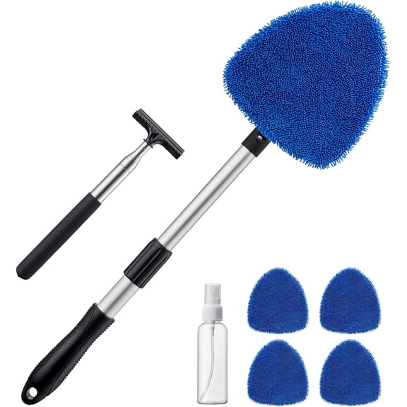 Car Windshield Cleaner Tool, Window Cleaning Kit with 39in Car Mirror Squeegee, 4 Reusable Microfiber Pads and Extendable Handle, Blue