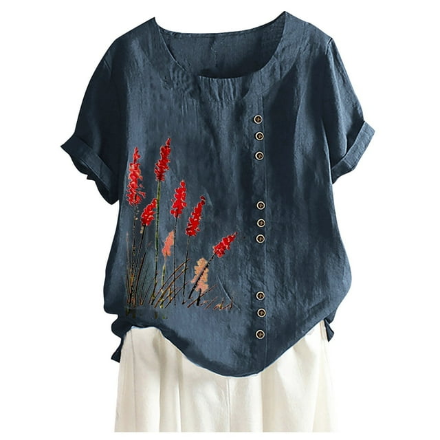 Scyoekwg T-Shirts Graphiques pour Femmes Tendance Grande Taille Col Rond Boutons Manches Retroussables Hauts Mode Imprimés Manches Courtes T-Shirts Confortables Décontractés Blouses Légères d'Été (Marine,TTTG)