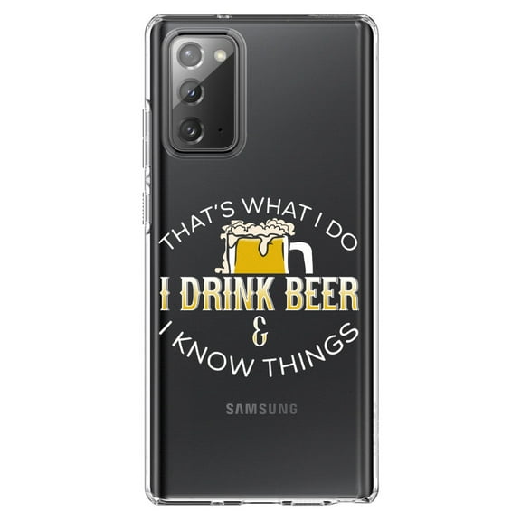 DistinctInk Clear Shockproof Hybrid Case for Samsung Galaxy Note 20 (6.7" Screen) - TPU Bumper Acrylic Back Tempered Glass Screen Protector - I Drink Beer & I Know Things