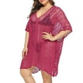 thumbnail image 2 of Plus Size Swimsuit Cover Ups for Women,Short Sleeve Crochet Knit Hollow Out V-Neck Loose Beach Swimwear, 2 of 5