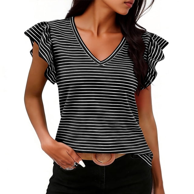 Craaazy Women's Plus Size Friendly Striped V-Neck Ruffle Short Sleeve Top for Daily Wear