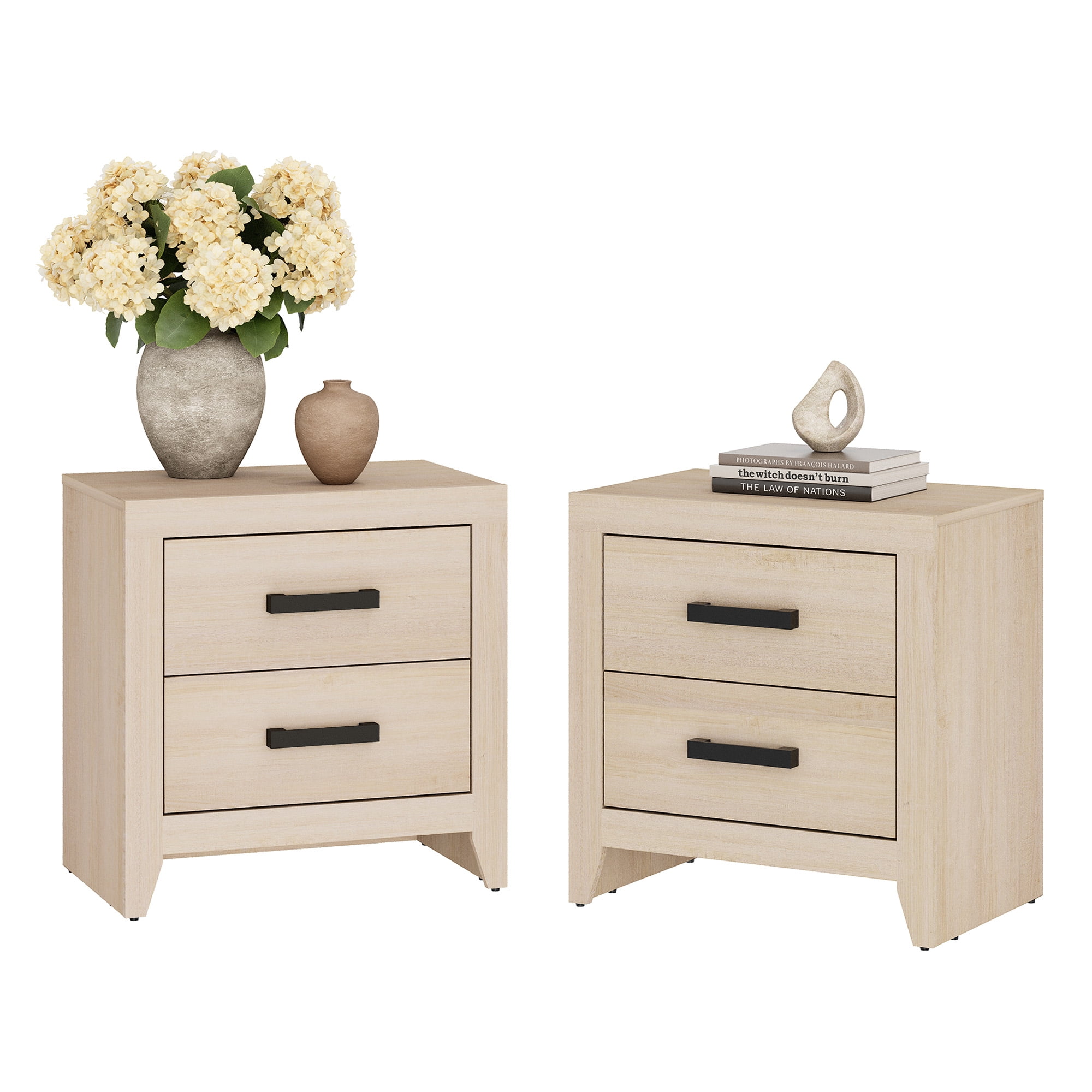 Set of 2 Farmhouse Rustic Wooden Nightstand With 2 Smooth‑Glide Storage Drawers,Solid‑Base Bedside End Table,Multi‑Purpose Accent Side Cabinet For Bedroom,Living‑Room,Beige