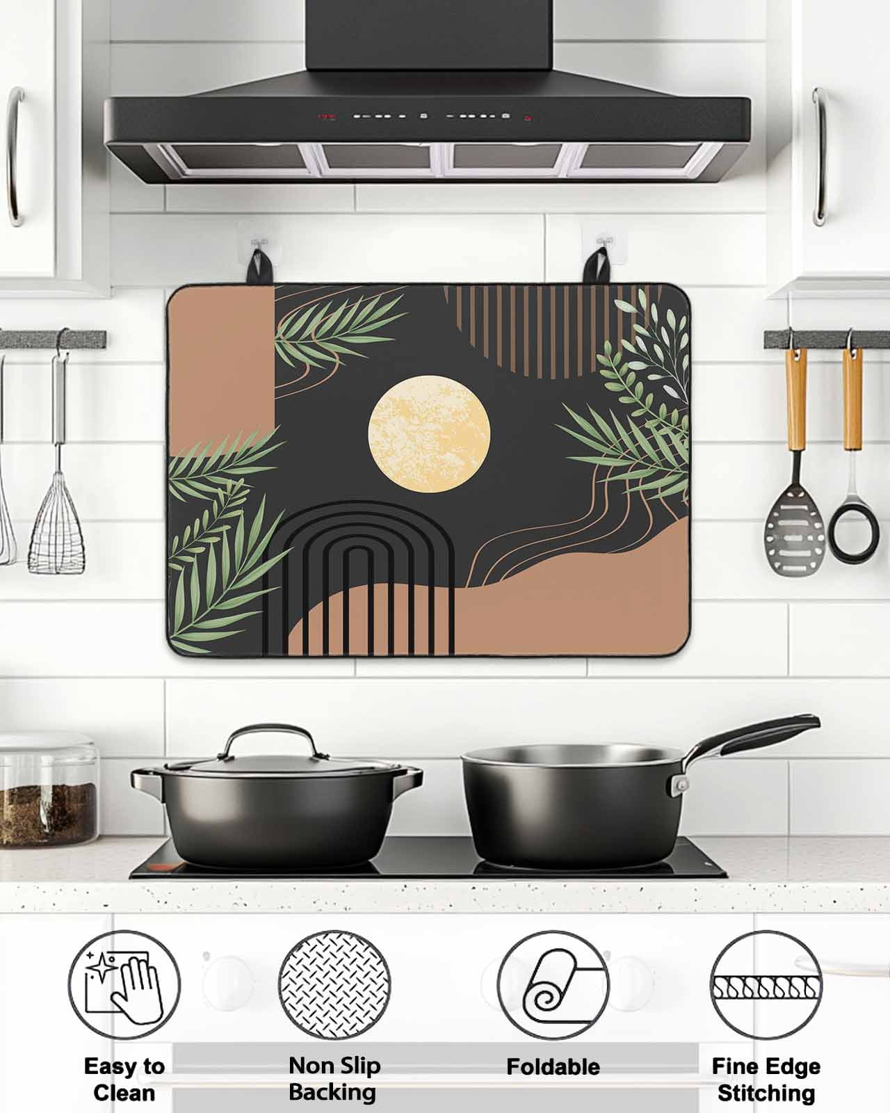 Stove Top Covers for Electric Stove, Boho Black Glass Stovetop Cover Protector, Brown Modern Stripes Moon Abstract Leaf Induction Cooktop Protector Oven Mat for Kitchen Countertop 24"x21"