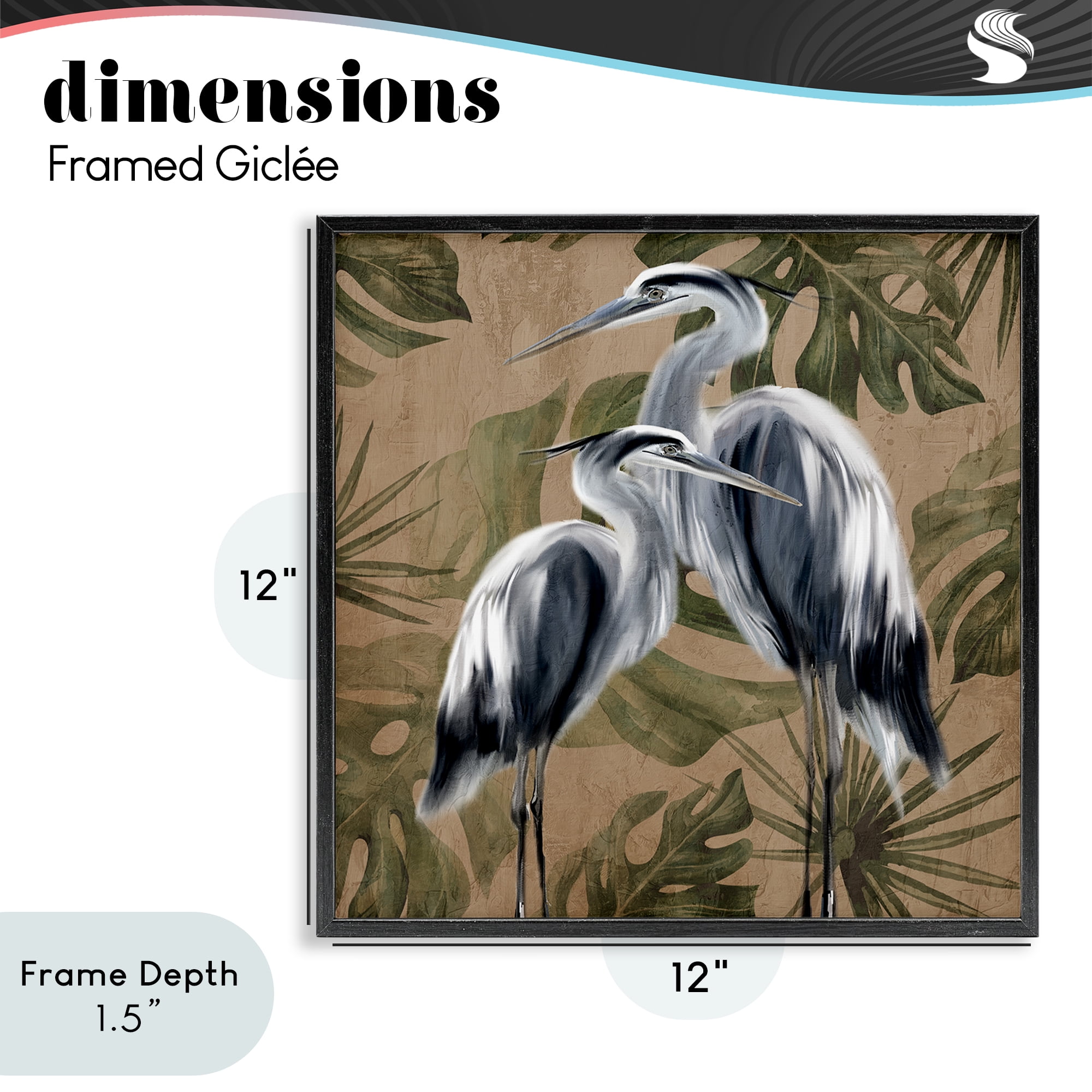 Stupell Industries Two Herons over Tropical Leaves Black Framed Giclee Art, design by Kim Allen