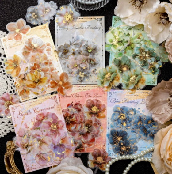 6-Pack - Gold Foil Floral Matte PET Stickers Packaging: Floral Poetry Series Journal Decoration Collage Base Stickers
