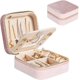thumbnail image 1 of Joyero de viaje de terciopelo rosa esponjoso - Joyero pequeño para mujer, estuche de viaje para joyas - Organizador de pendientes con espejo, 1 of 5