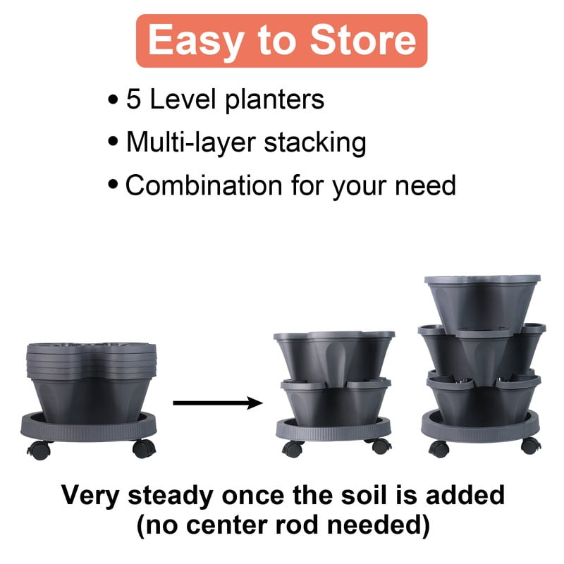 iHomeGarden Vertical Planter 5-Tier Stackable System - Indoor/Outdoor Garden Kit for Strawberries, Herbs, Vegetables (Beginner-Friendly Design), Dark Gray