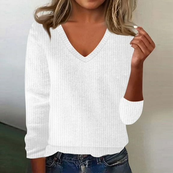 Cozy Sweaters for Women V Neck Long Sleeve Loose Fit Pullover Sweaters Cute Casaul Fall Winter 2025 White S