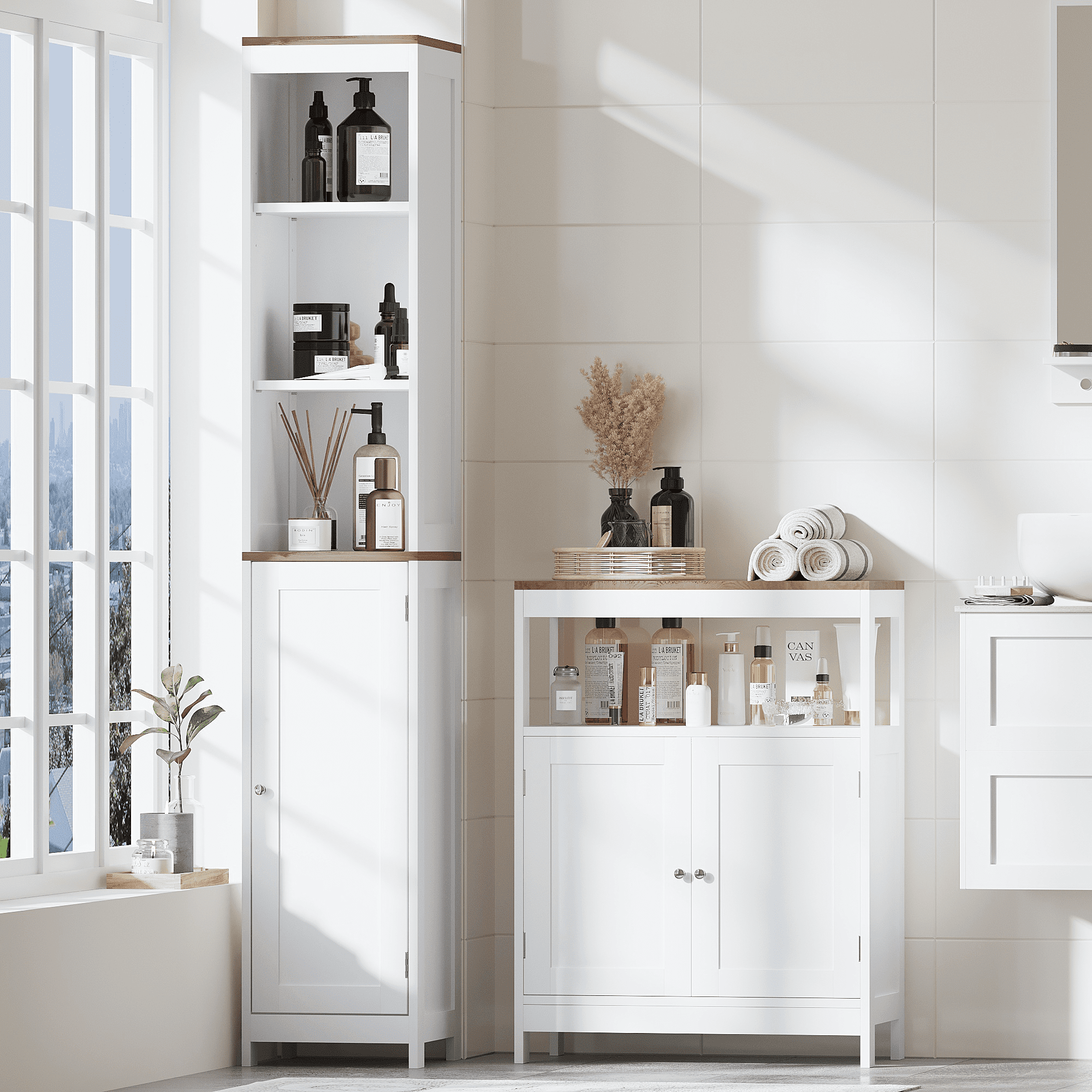 Tall Bathroom Storage Cabinet with Reversible Door, Freestanding Linen Tower with Open Shelves and Enclosed Cabinet, Narrow Floor Cabinet Organizer for Bathroom, Laundry Room or Small Spaces – White