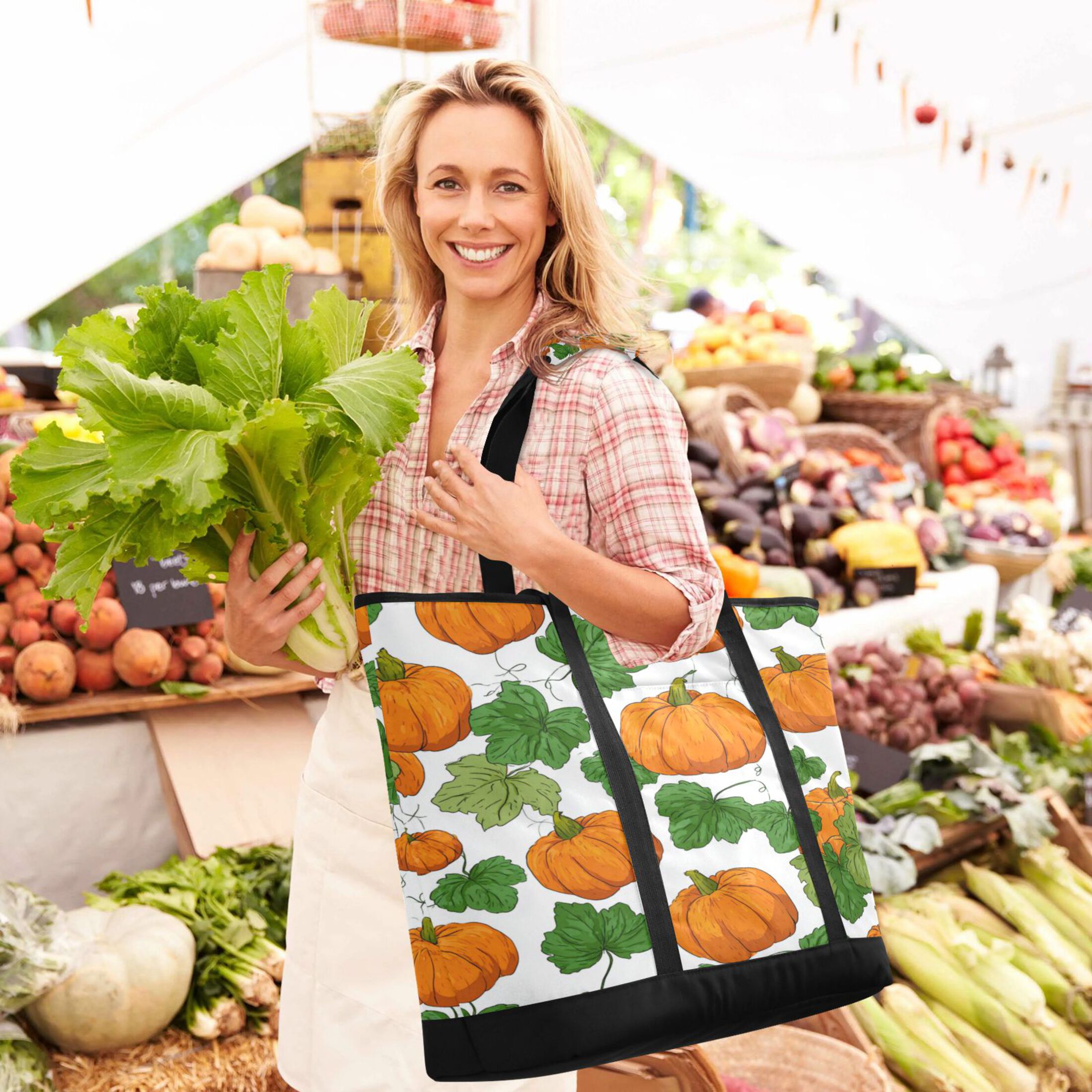Extra-Large Wide Opening Design Capacity Hand-Held Ice Pack Thickened Insulation Layer For Long-Lasting Cold Retention For Outdoor Shopping Picnics And Camping Orange Pumpkins