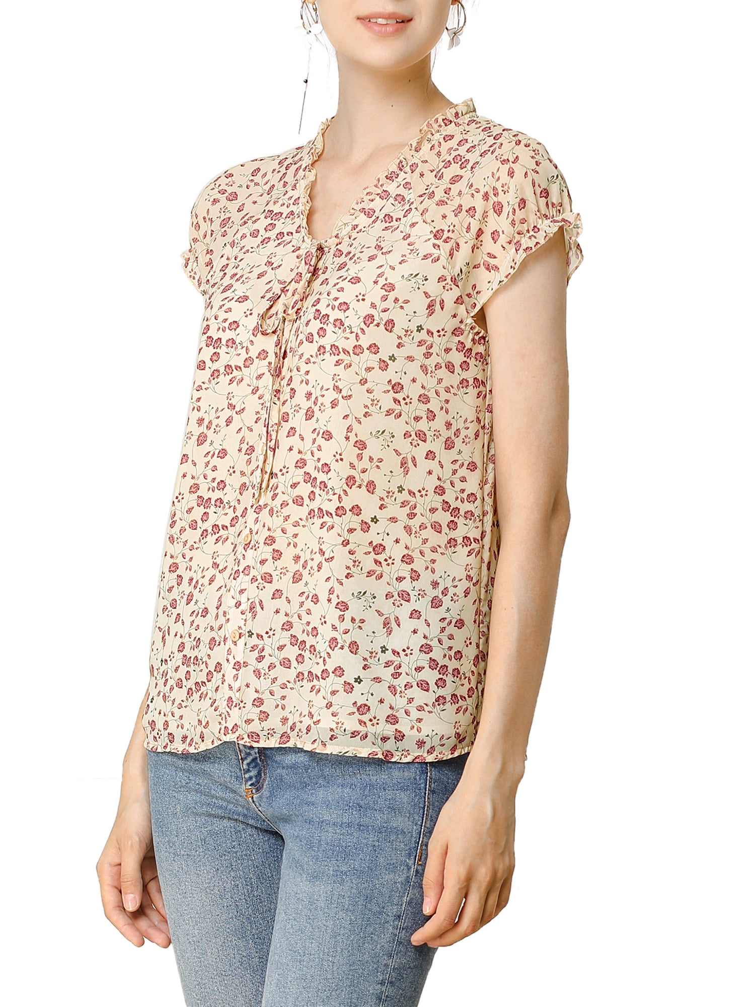 DARING DIVA Women's Ruffle V Neck Cap Sleeve Chiffon Floral Blouse Top XS Apricot