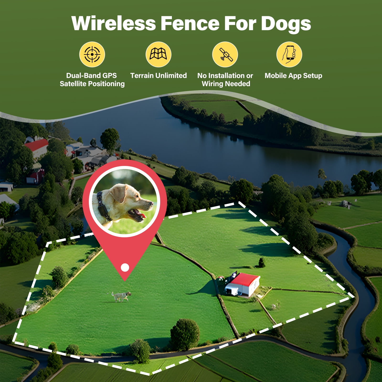 GPS Wireless Dog Fence System - Electric Training Collar with Free App for Dogs 15 Lbs+ (Black)