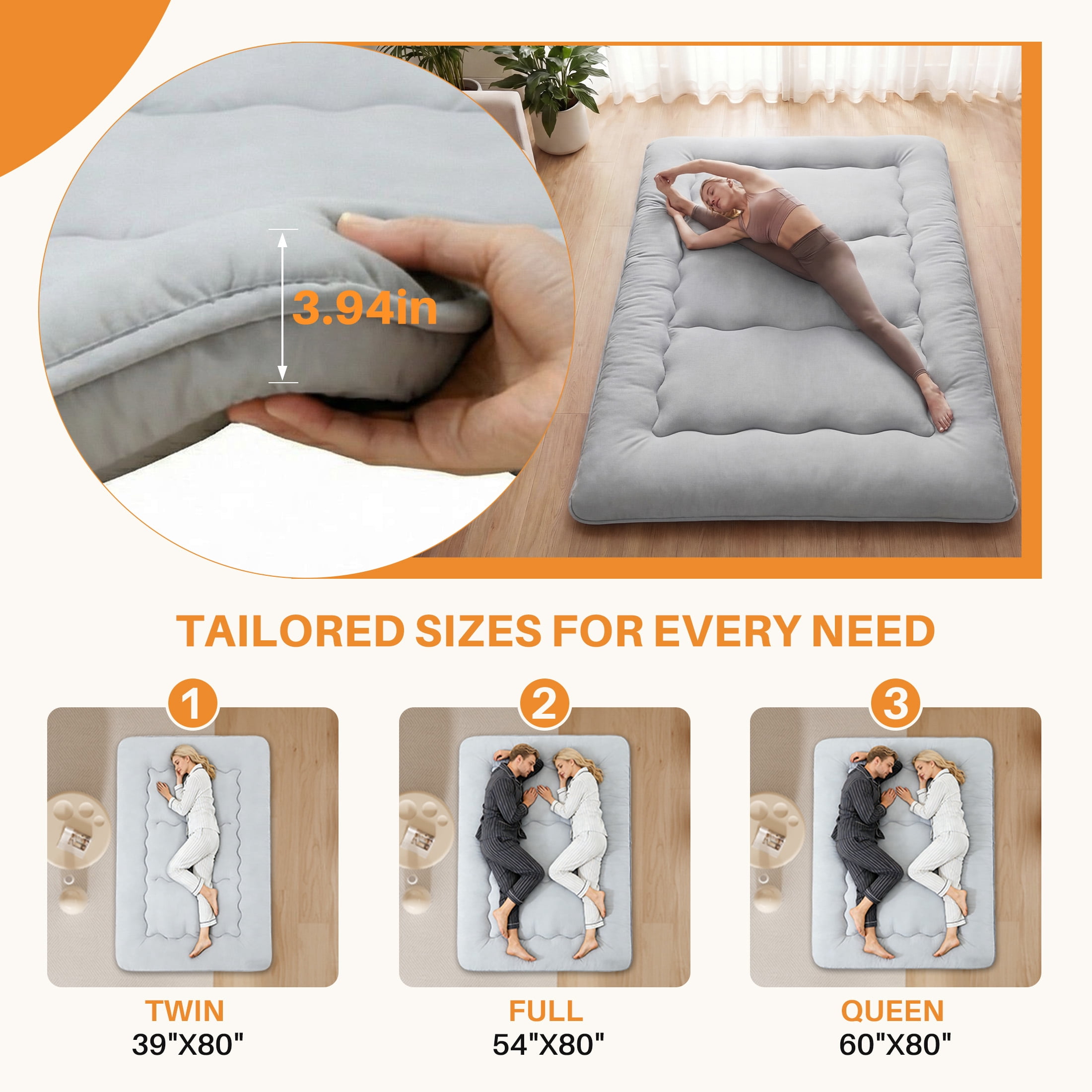 EDX Japanese Floor Futon Mattress Toppers, Foldable Tatami Mat, Thick Sleeping Mattress Pad with Storage Bag & Dust Cover, Gray, Full