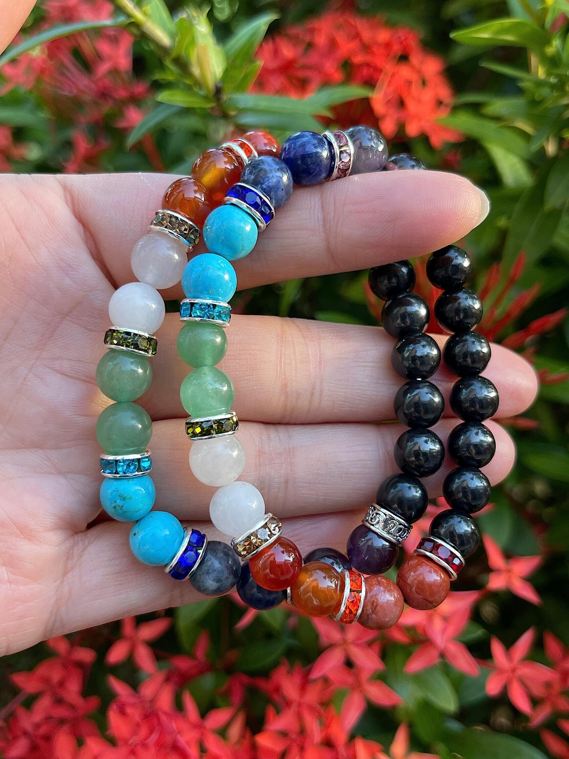 7 Chakra with Shungite Crystal Bead Bracelet 8mm, Wholesale Genuine 7 Chakra with Shungite Stretch Gemstone Bracelet, Gift for Men & Women (2)