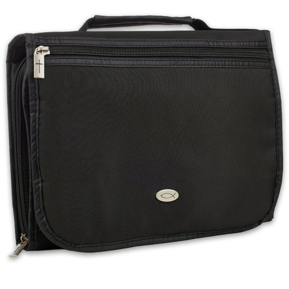 Christian Art Gifts Black Microfiber Bible Cover for Men and Women Ichthus Jesus Fish Emblem Large Zippered Tri-Fold Organizer Case for Bible Christian Art Gifts