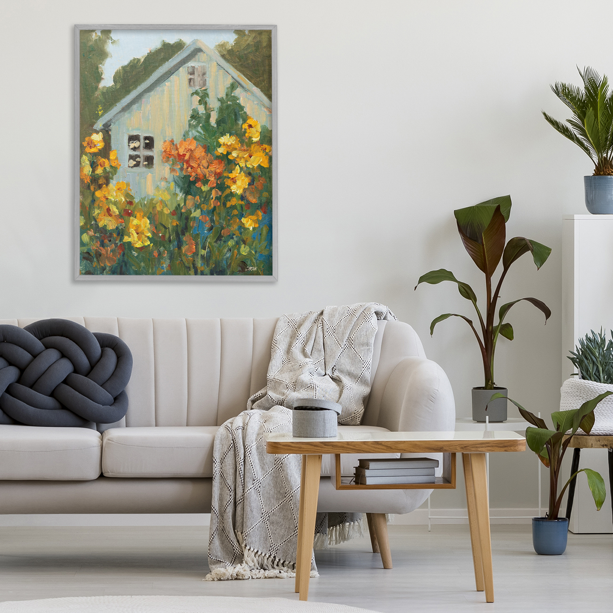 Stupell Industries Sunlit Cottage Garden View Gray Framed Giclee Art, design by Carson Overstreet