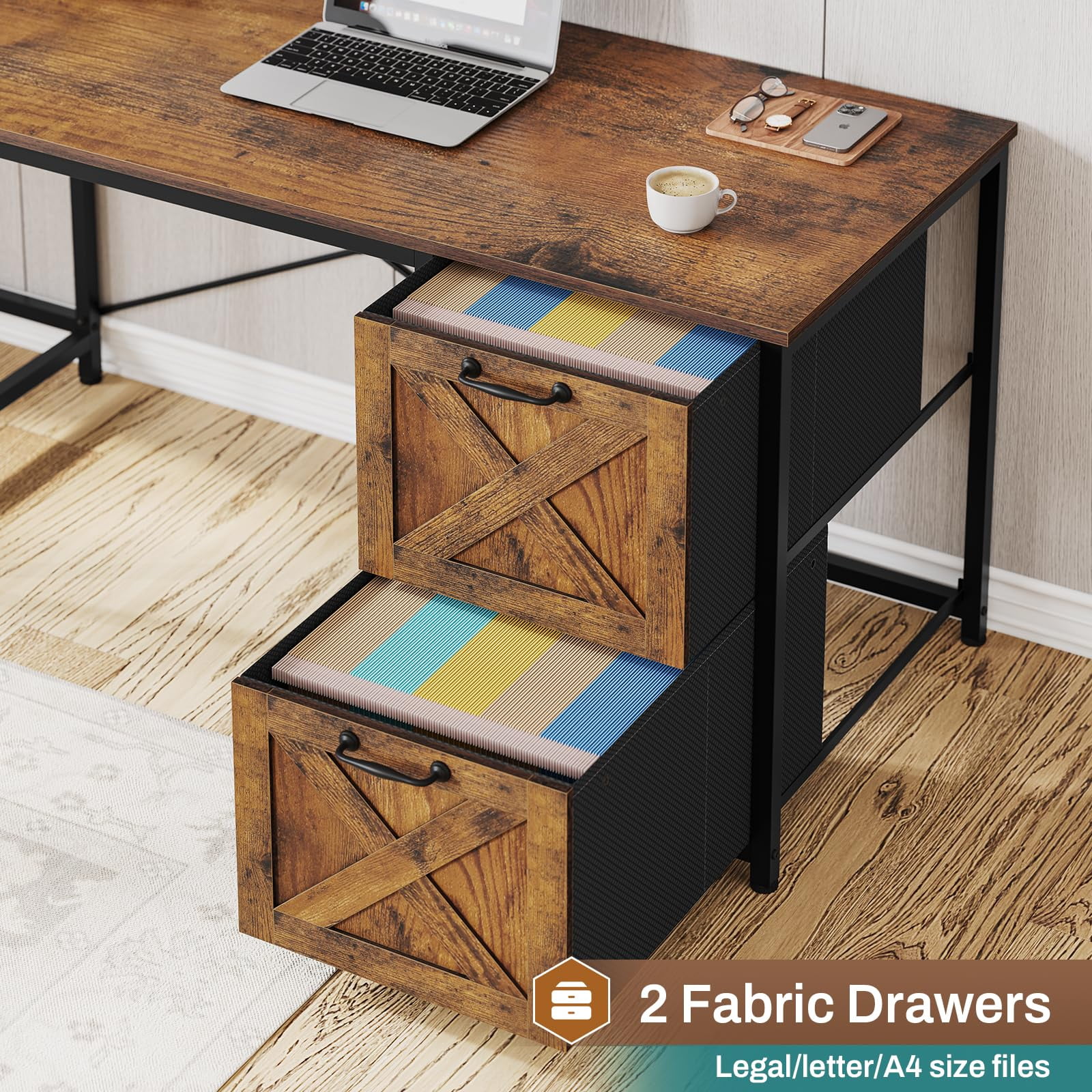 L Shaped Computer Desk 2 Drawers, Reversible Home Office Desk with Led Lights, Hutch and Storage Shelf
