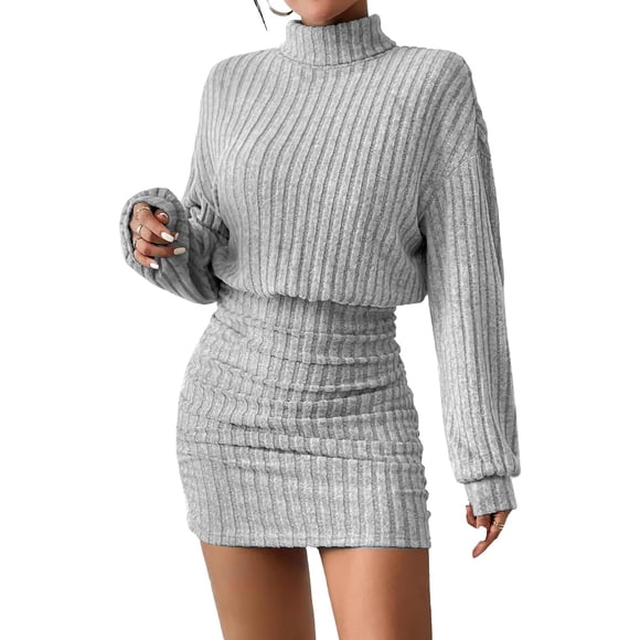 AUXDIO - Vestido de suéter con cuello alto para mujer, manga larga de farol, ajust 2025, mini vestido corto