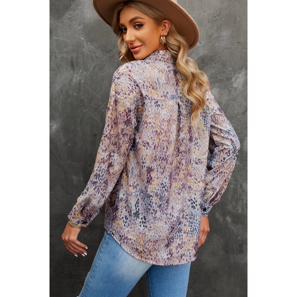 ABPHQTO Camisa De Mujer Manga Larga Botones Bolsillo Estampado Marrón