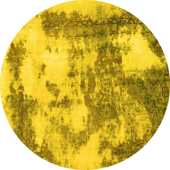 Ahgly Company Machine Washable Indoor Round Abstract Yellow Modern Area Rugs, 4' Round