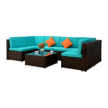 7Pcs Outdoor Furniture Set,Rattan Wicker Patio Set Cushioned Sectional Sofa &Glass Coffee Table, Garden,Backyard,Lawn