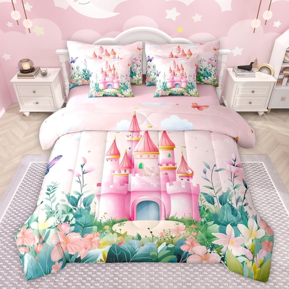 Feelyou Kawaii Pink Castle Twin Bedding Sets 7-Piece for Girl, Dreamy Fairy Tale Bedding Comforter Set, Spring Flower Floral Reversible Sheet Sets, Microfiber Bedroom Decor