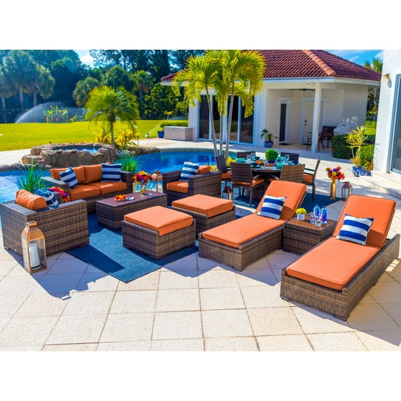 Sorrento 16-Piece Resin Wicker Outdoor Furniture Combination Set in with Loveseat Set, Round Dining Seat, and Chaise Lounge Set (Flat-Weave Brown Wicker, Sunbrella Canvas Tuscan)