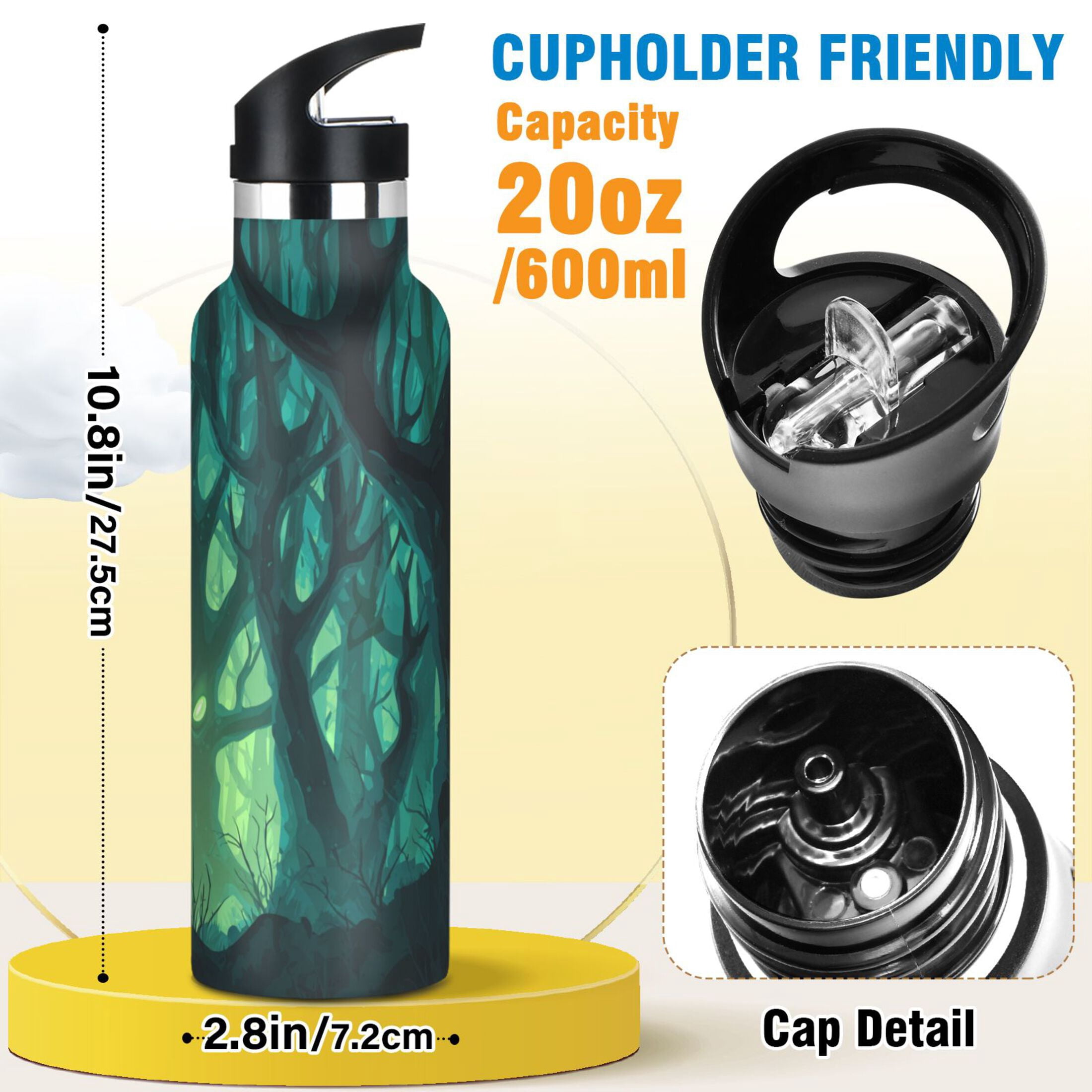 Kids Insulated Stainless Steel Sports Water Bottle 600ml (20oz) Dark Forest with Green Eyes