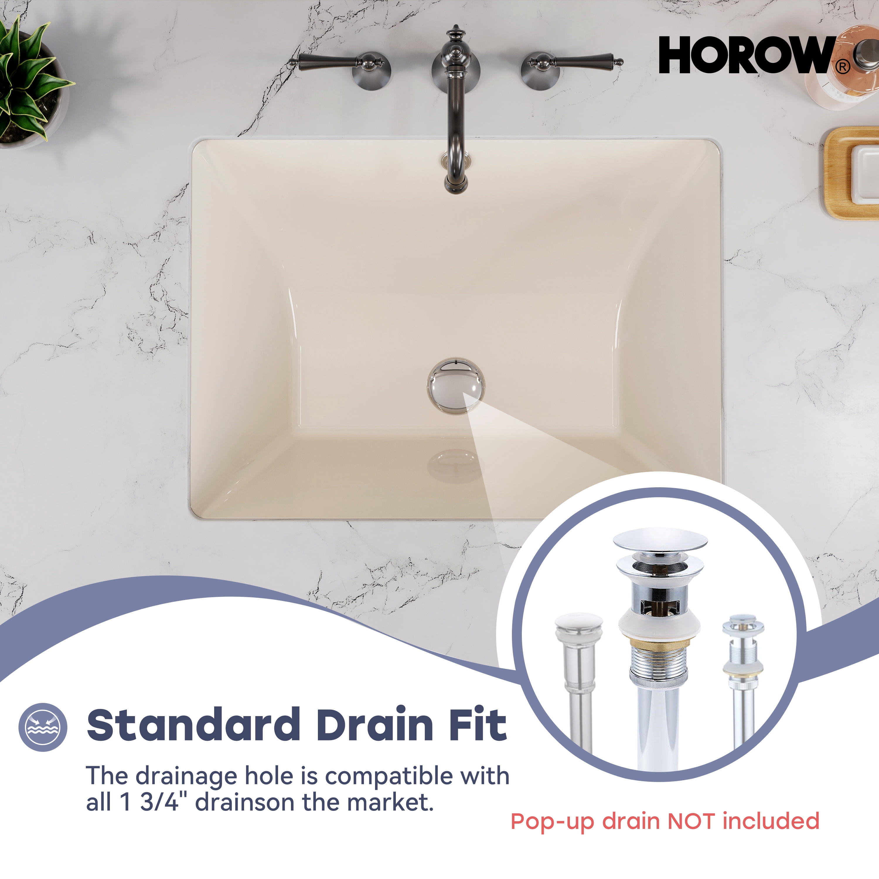HOROW 20 x 15 Inch Undermount Bathroom Sink Rectangle with Overflow, White Ceramic Under Counter Bisque