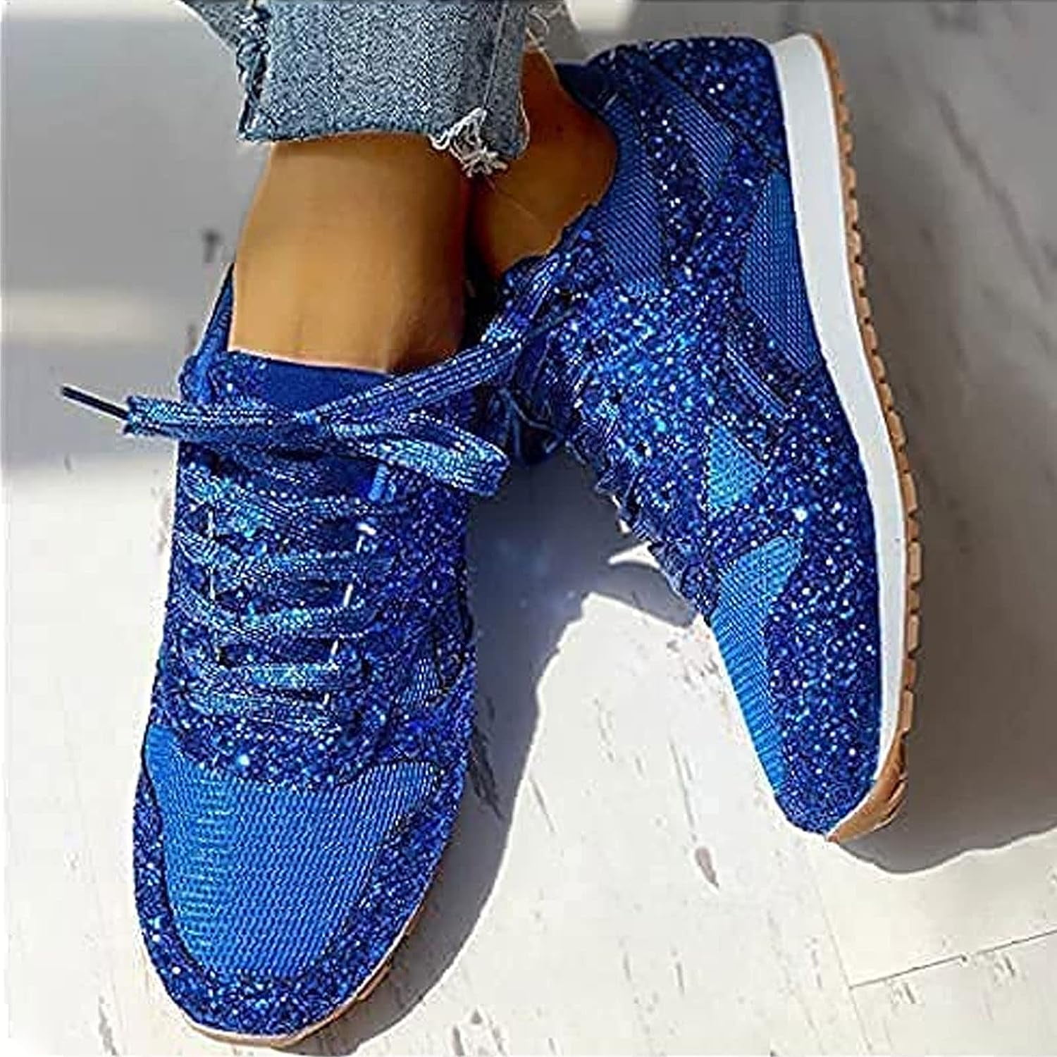 W1412 Women Fashion Sequin Sparkle Lace Up Tennis Sneakers Athletic Shoes  Flats