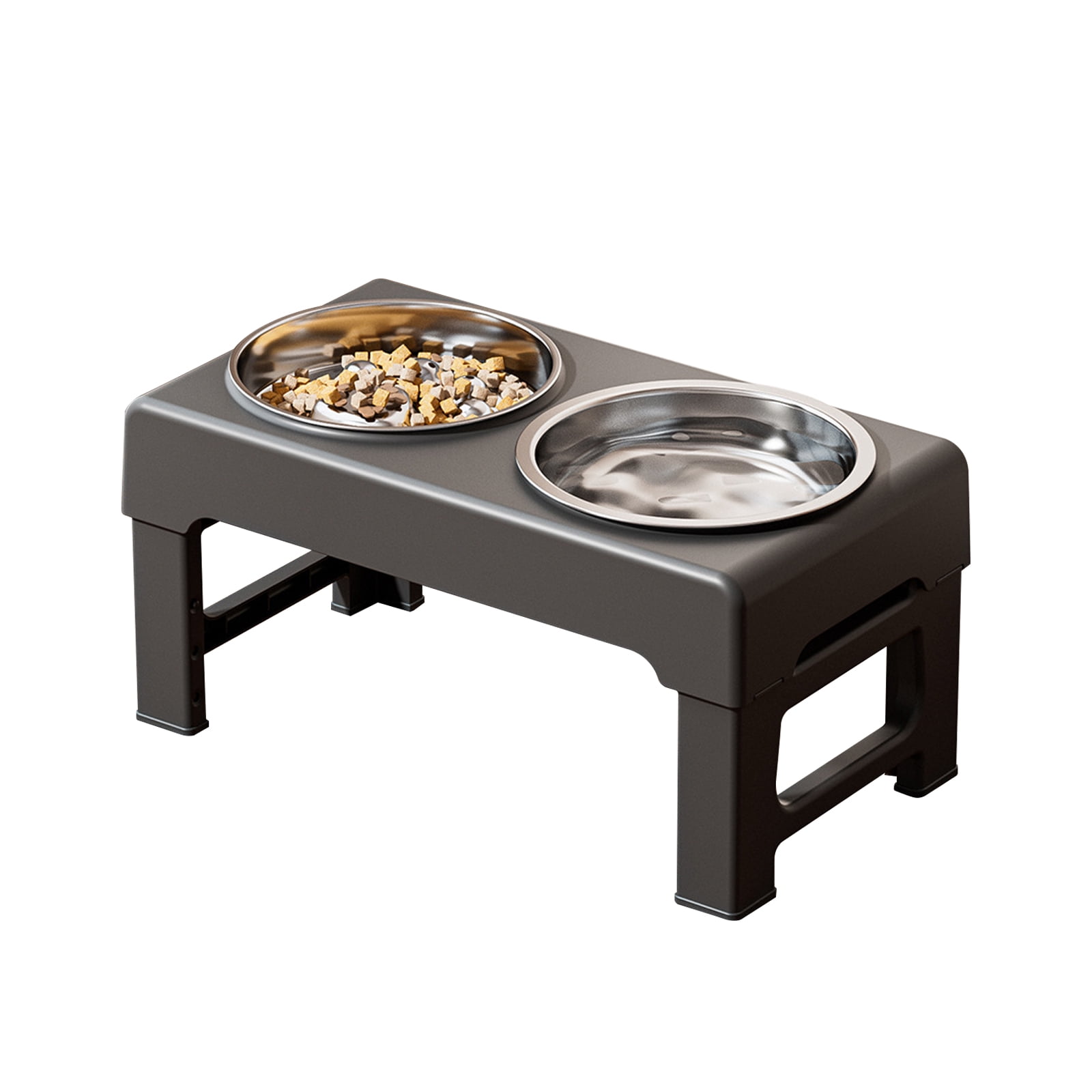 Elevated Dog Bowls Stand with Slow Feeder and 2 Stainless Steel Dishes, Height Adjustable Non-Slip Base Raised Pet Feeder for Most Sizes, Black