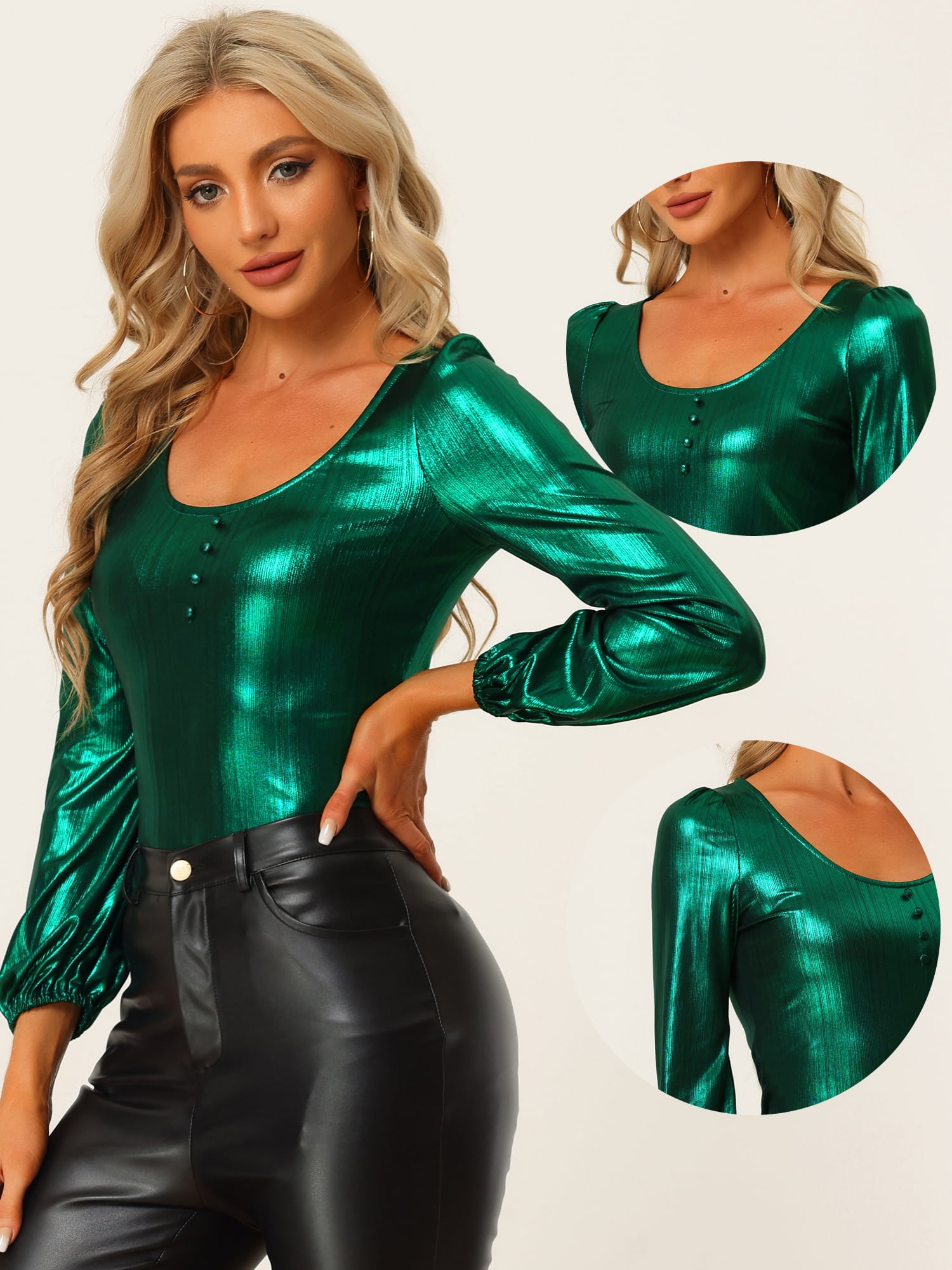 DARING DIVA Metallic Shimmer Glitter Bishop Sleeve Top Shirt S Green