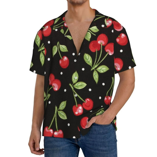 Fotbe Sweet Red Cherry Camisa Estampada de Manga Corta para Hombre, Casual de Verano, Estilo Playero, Sin Arrugas-X-Large