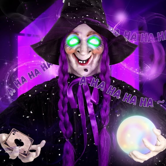 SINKOO 6FT Halloween Outdoor Decor Hanging Animatronics Witch with Sound Activated, Glowing Crystal Ball & Eyes for Halloween Decor Haunted House Prop