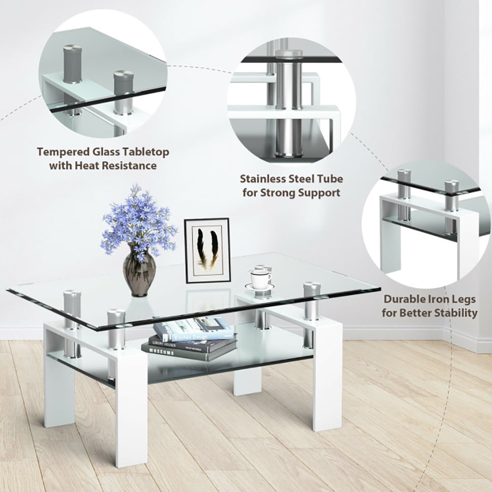 Finihen Glass Coffee Table, Rectangular Coffee Table, Rectangle Glass Coffee Table with Metal Legs, for Living Room, Reception Room, White Finihen Glass Coffee Table, Rectangular Coffee Table, Rectangle Glass Coffee Table with Metal Legs, for Living Room, Reception Room, White