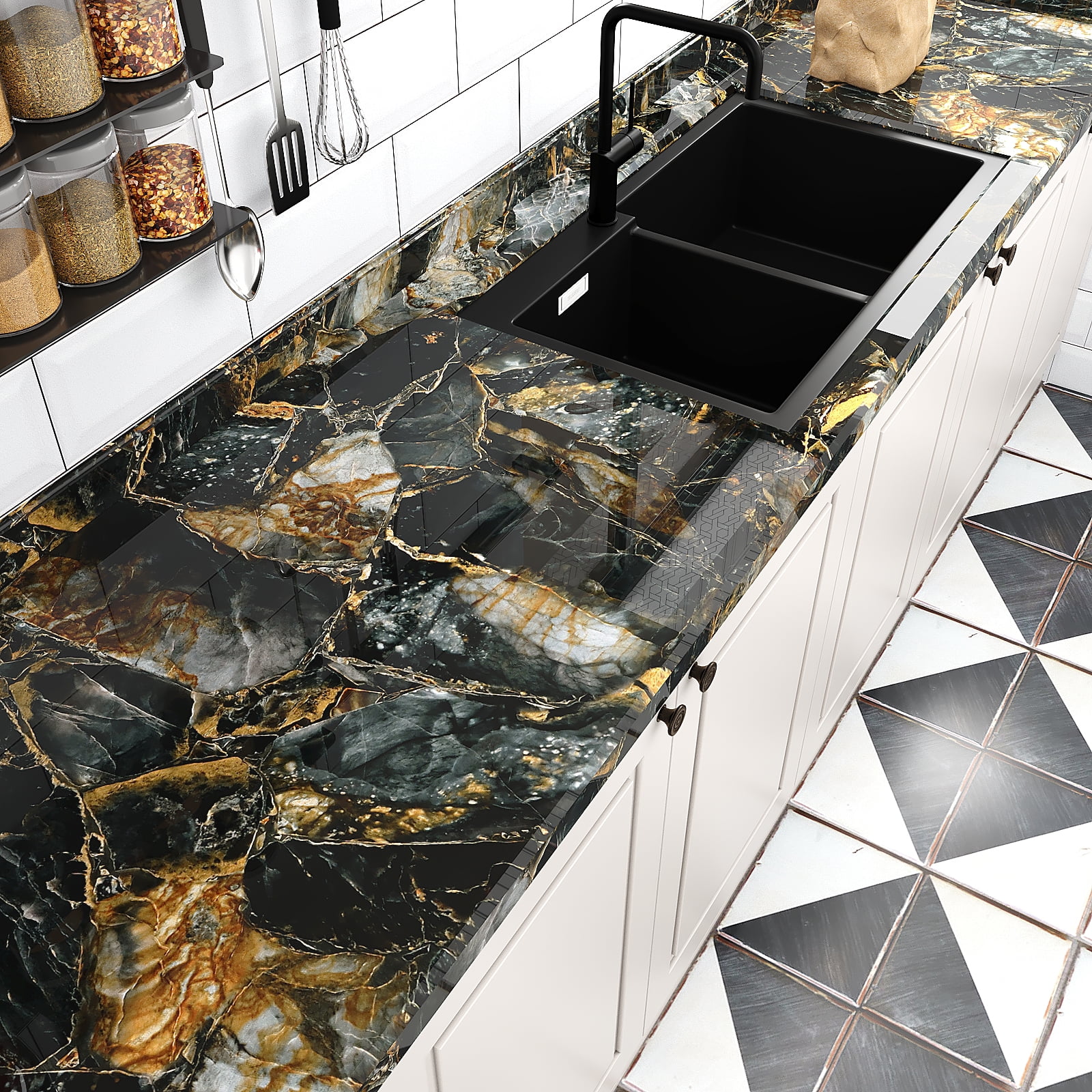 VEELIKE 15.7''x118'' Glossy Slate Gold Marble Peel and Stick Countertops Contact Paper Waterproof Marble Wallpaper for Kitchen Counter Top Self Adhesive Vinyl Wallpaper for Bedroom Shelf Cabinets