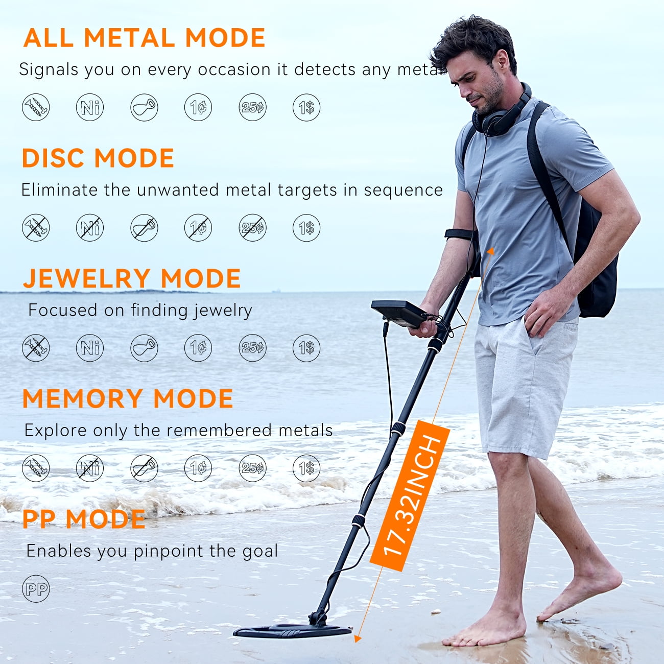 High-Precision Professional Metal Detector for Adults - Dual Backlit LCD Display, Advanced DSP Chip, and 12" Waterproof Coil, 5 Modes, Rugged Spiral Structure with Adjustable Length