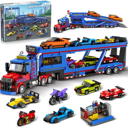 CUBIMANA City Transporter Truck Building Set with 7 Cars, 1050pcs STEM Toy, Adjustable Ramp for Kids Aged 8-14