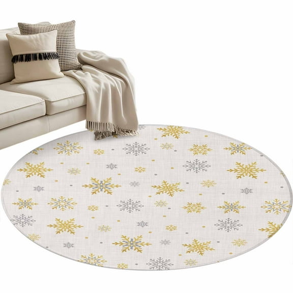 Christmas Round Area Rug 4 FT, Non Slip Indoor Outdoor Rug, Yellow Grey Winter Snowflake Rustic Washable Soft Circular Carpet Non-Shedding Floor Mat for Coffee Table Nursery Foyer Balcony