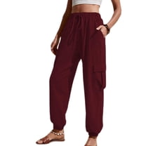 Defitshape Women's Casual Cargo Pants Long Pants Winter Elastic Waist Pocket Mid Rise with Pockets Burgundy Large