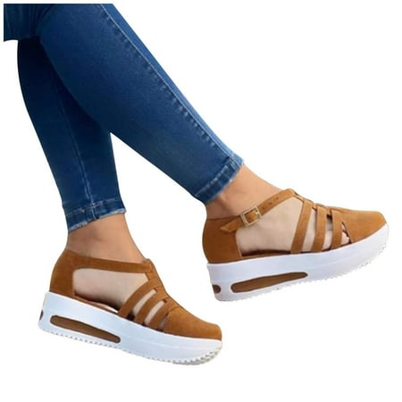 

Ausyst Sandals Women Ladies Wedge Platform Buckle Sandals Closed Toe Solid Color Round Toe Sandals Clearance