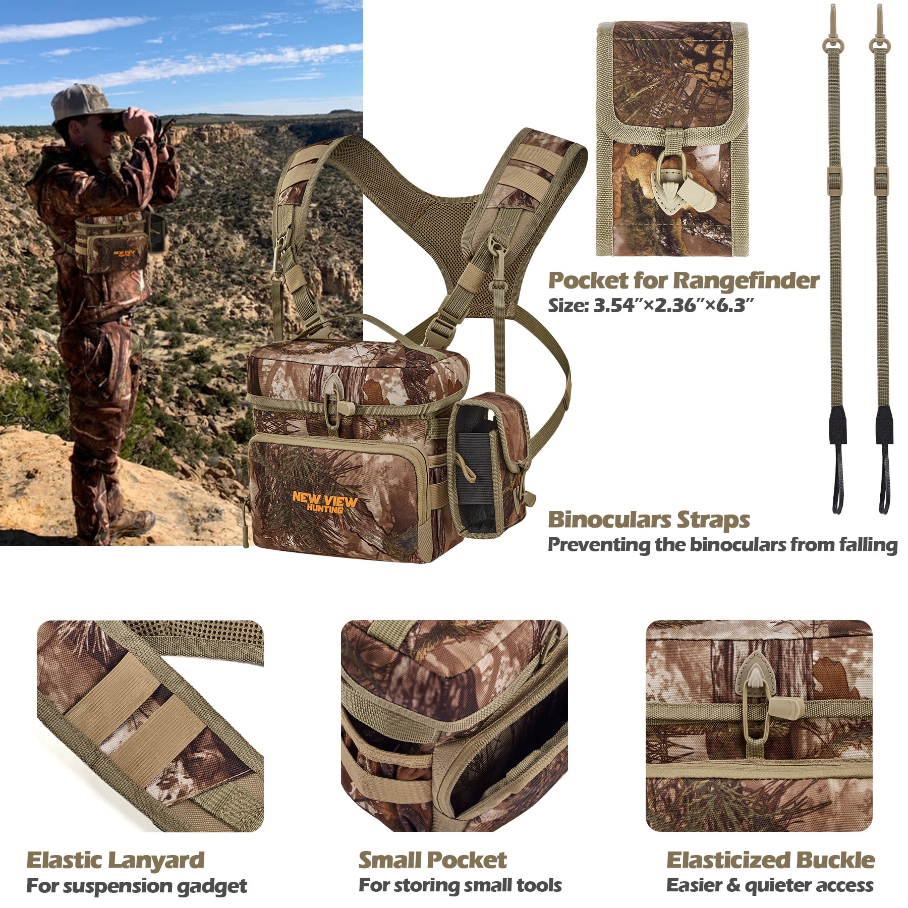 CamoRanger Ripstop Binocular Harness Chest Pack - Hunting Bino Case, Detachable Rangefinder Pouch, Adjustable Binos Harness, Rain Cove