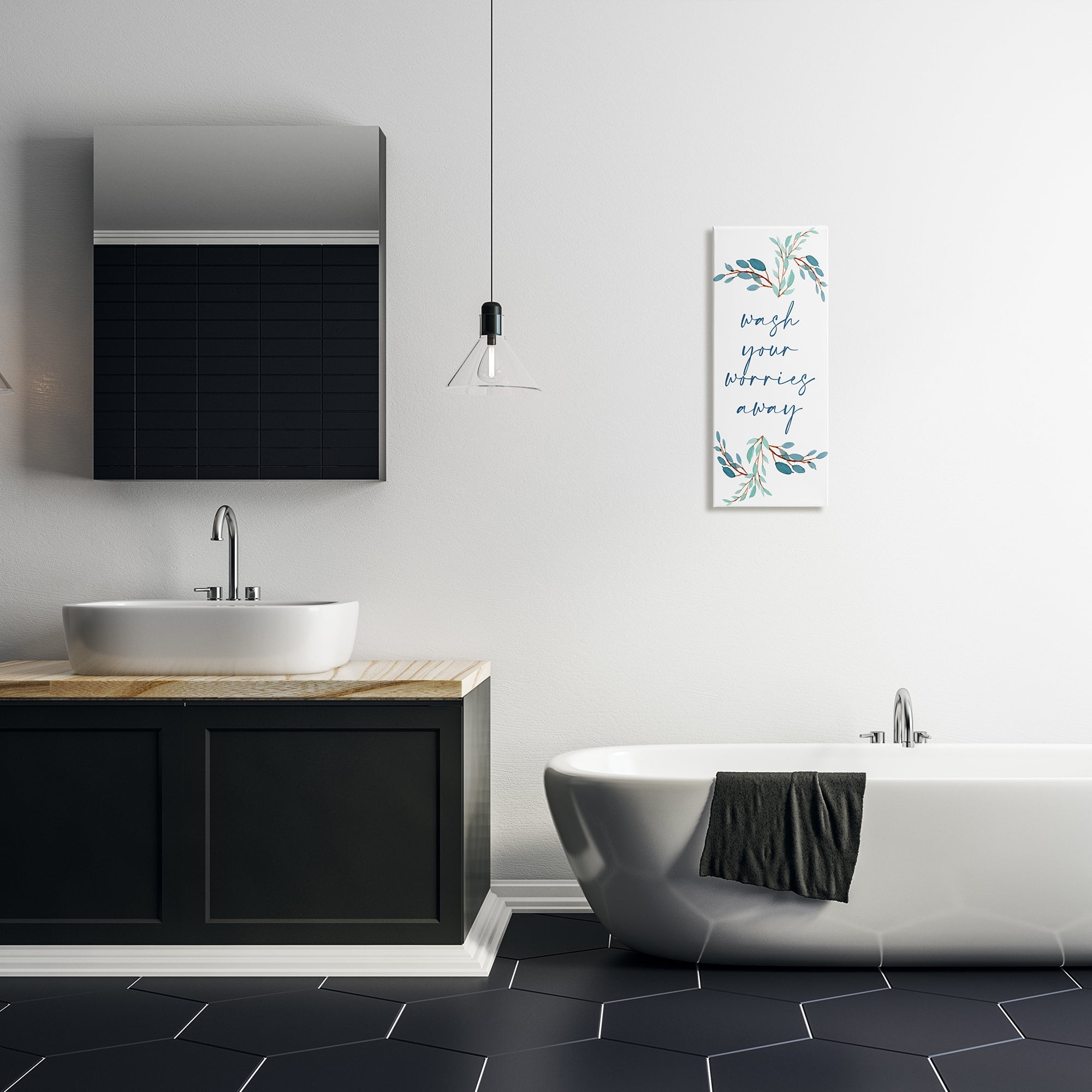 Stupell Industries Wash Your Worries Away Bathroom Phrase Blue Plants, 10 x 24, Designed by Kim Allen
