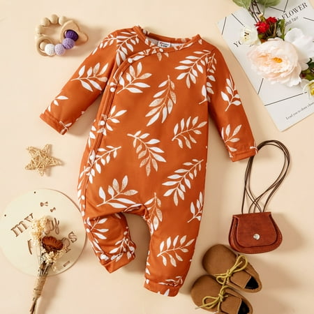 

PatPat Newborn Baby Girls Leaf Print Jumpsuit Long Sleeve Romper with Side Snap Closure Onesise Infant Fall Winter Bodysuit Outfit 0-18Month